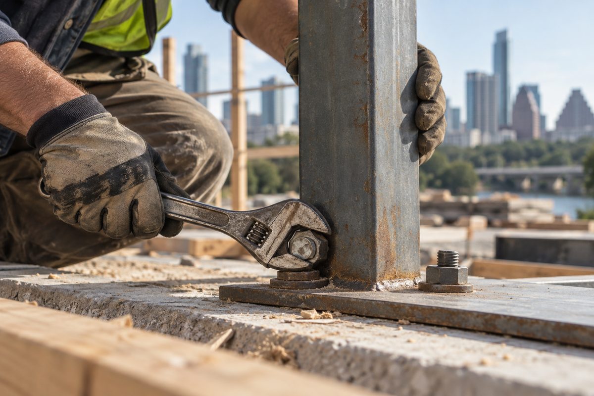 Adjustable wrench turning a nut on a site assembly