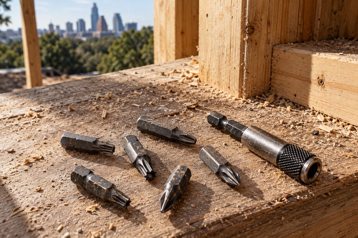 Driver bits and a bit holder beside a timber frame